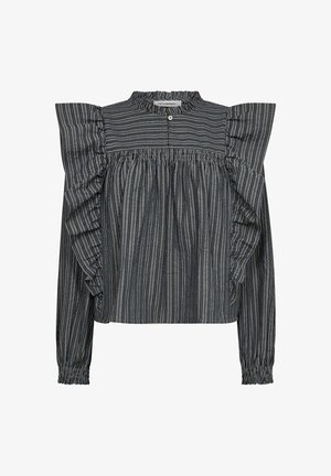Black and gray striped blouse with a high neckline, puffed sleeves, and gathered detailing at the waist and cuffs. Made of lightweight fabric.
