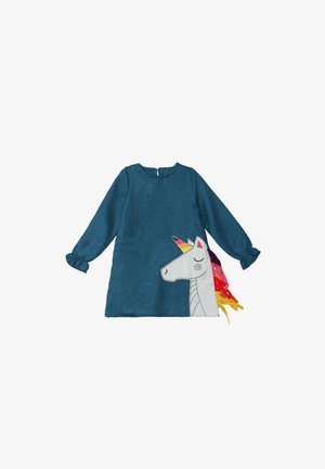 Robe à manches longues turquoise avec un motif de licorne sur le devant ; présente des accents de ruban colorés pour la crinière et un col rond.