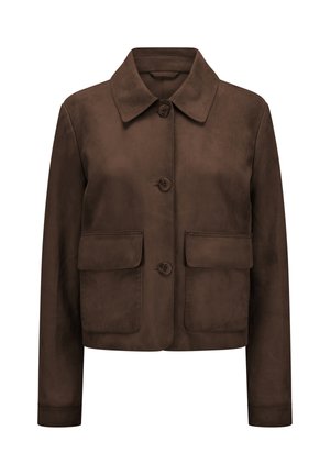 Braune Wildleder-Cropped-Jacke mit langen Ärmeln, spitzem Kragen, drei vorderen Knöpfen und zwei großen Klappentaschen.