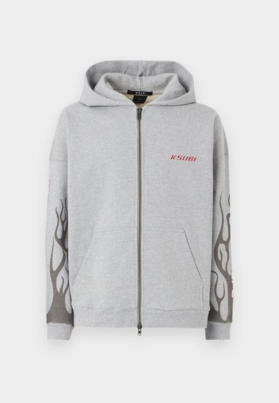 Gray zip-up hoodie with a hood, featuring flame patterns on sleeves, Ksubi logo in red, ribbed cuffs and hem, and kangaroo pocket.