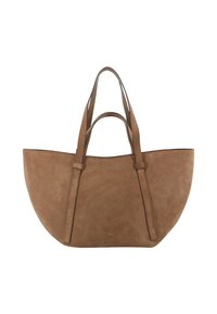 Braune Wildleder-Tasche mit doppelt gefütterten Griffen und einer breiten, halbkreisförmigen Form, ausgestattet mit minimalistischen Nähten und einem kleinen Markenlogo auf der Vorderseite.