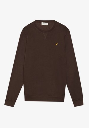 Brun sweatshirt med lange ærmer, ribbede manchetter og rund halsudskæring. Har et lille gult logo på brystet. Blødt stofmateriale.