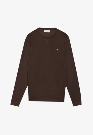 Bruine sweatshirt met lange mouwen, geribbelde manchetten en ronde halslijn. Bevat een klein geel logo op de borst. Zachte stoffen textuur.