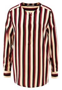 Blouse rayée en crème, rouge et noir. Caractérisée par des manches longues, un col rond et une patte de boutonnage. Tissu lisse avec des rayures verticales.