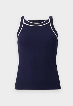 Varrukateta tumesinine soonikkoes top, millel on valge ääris kaeluse ja käiste ümber, ümar kaelus ja keha ümberistuv lõige.