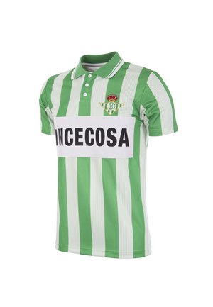 Groen en wit gestreept polo shirt met een kraag. Heeft een logo op de borst en een opvallende "INCECOSA" tekst over de voorkant. Lichtgewicht stof.