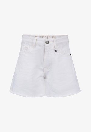 Pantalones cortos de mezclilla blancos con bordes deshilachados, botón delantero, cremallera y múltiples bolsillos, exhibidos sobre un fondo blanco.