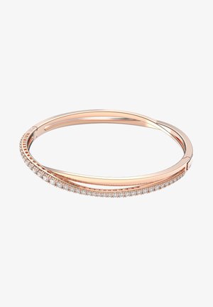 Rose gold bangle featuring two interlocking bands, one adorned with a row of diamonds, sleek surface, and smooth edges.