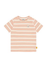 Gestreept t-shirt in crème met oranje horizontale lijnen, voorzien van een berenpatch op de borst en een klein gele label aan de zoom.