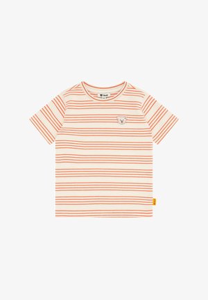 Gestreept t-shirt in crème met oranje horizontale lijnen, voorzien van een berenpatch op de borst en een klein gele label aan de zoom.