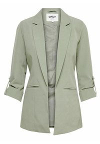 Hellgrüne Damen-Blazer mit hochgeschlagenen Ärmeln, zwei vorderen Paspeltaschen und offenem Design, Markenlabel im Kragen.