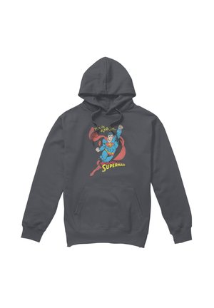 Dark gray hoodie with front pocket featuring flying Superman graphic and text "This is a job or... Superman" in vintage style.