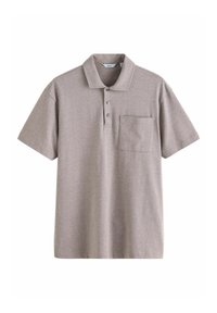 Polo-shirt i lysegrå stof med krave, tre-knaps placket og en lomme på venstre bryst. Kortærmet, afslappet design.