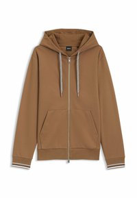 Brown zip-up hoodie with a large hood, two front pockets, and striped cuffs. Features contrasting drawstring and soft, smooth texture.