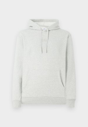 Felpa con cappuccio grigio chiaro dotata di cordino, tasca frontale, polsini e orlo a costine, con un logo discreto in rilievo sul petto.