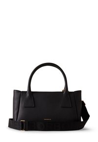 Black leather handbag with textured finish, two short handles, and an adjustable strap featuring embossed brand name. Gold hardware accents.