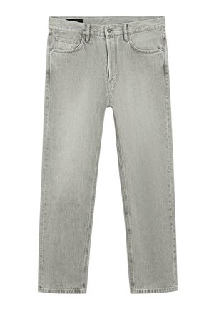 Jeans grigio chiaro a gamba dritta con tasche anteriori e posteriori, passanti per cintura e chiusura con bottone in vita.