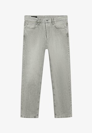 Jeans grigio chiaro a gamba dritta con tasche anteriori e posteriori, passanti per cintura e chiusura con bottone in vita.