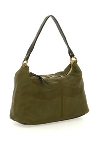 Borsa in pelle verde oliva con chiusura superiore a zip, tracolla nera e motivo di libellula in rilievo sul davanti.