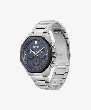 Montre en acier inoxydable argenté avec un boîtier octogonal, un cadran bleu marine, trois sous-cadrans et un guichet de date. Présente un design de bracelet à maillons.