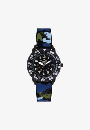 Digitaal horloge met een zwarte, ronde kast, zwarte wijzerplaat, witte uuraanduidingen, groene tachymeter en een blauwe camouflage-siliconestrap met groene accenten.
