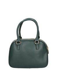 Borsa verde testurizzata con hardware color oro, due manici superiori e chiusura con zip. Forma compatta e arrotondata con una finitura liscia.
