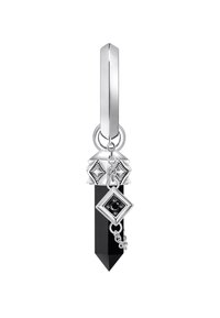 Silver pendant featuring a black crystal with a pointed tip, adorned with diamond-shaped accents and a connecting chain element.