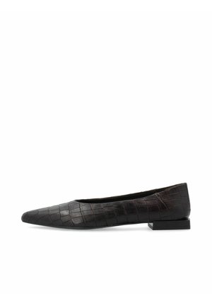 Black flat shoe with a pointed toe and textured, crocodile-like leather pattern, shown in a side profile on a white background.