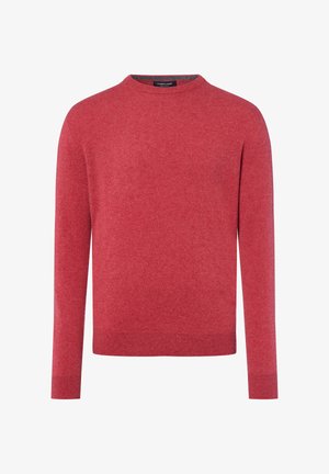 Czerwony sweter z okrągłym dekoltem, długimi rękawami oraz prążkowanymi mankietami i dołem; wykonany z miękkiego, teksturowanego materiału, charakteryzującego się gładkim wykończeniem.