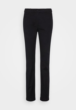 Pantalon noir à jambes droites en tissu mélangé coton. Il présente une fermeture à bouton, des passants de ceinture et une finition soignée. Pas de poches visibles.