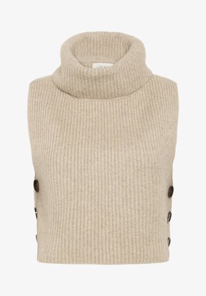 Gilet a coste beige con colletto alto e cinque bottoni marroni sul lato sinistro. Tessuto morbido e design aderente per un aspetto accogliente.