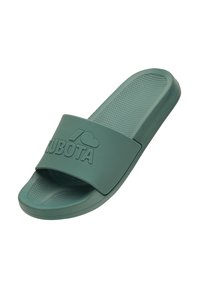 Green rubber slide sandal with wide strap featuring embossed logo. Textured footbed and sole for grip, contoured shape for comfort.