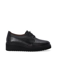 Schwarze Plattform-Oxford-Schuhe für Frauen aus strukturiertem Leder-Obermaterial, mit Schnürverschluss und dickem, geriffeltem Absatz, seitlich auf weißem Hintergrund abgebildet.