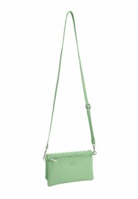 Borsa a tracolla verde in pelle con dettaglio intrecciato sulla parte superiore, cinturino regolabile e hardware in argento; texture liscia e forma rettangolare.