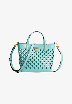 Kleine turquoise handtas van gestructureerd synthetisch materiaal met een rasterpatroon, voorzien van twee handvatten en een afneembare schouderriem.