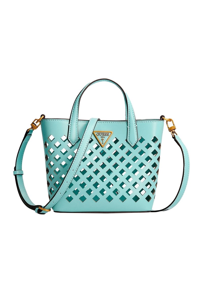 Lille turkis håndtaske lavet af struktureret syntetisk materiale med et gitterdesign, med to håndtag og en aftagelig skulderrem.