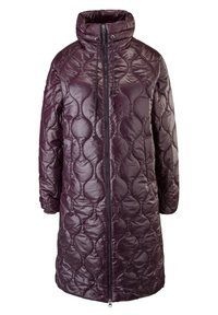 Manteau long matelassé de couleur violet foncé avec col montant, fermeture éclair sur le devant, capuche à cordon de serrage et poches latérales.