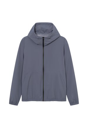 Lekka szara kurtka z kapturem, zapinana na zamek z przodu, z elastycznymi mankietami i bocznymi kieszeniami, prezentowana na białym tle.