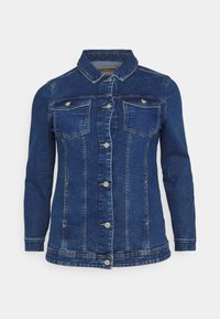 Jeansjacka i mörkblått med klassisk krage, knappar i silverfärg, två bröstfickor och figursydd design. Har kontrasterande sömmar.