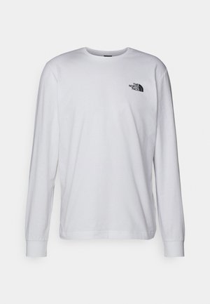 White long-sleeve T-shirt made of cotton. Features a rounded neckline and a small black logo on the left chest area. Clean, simple design.