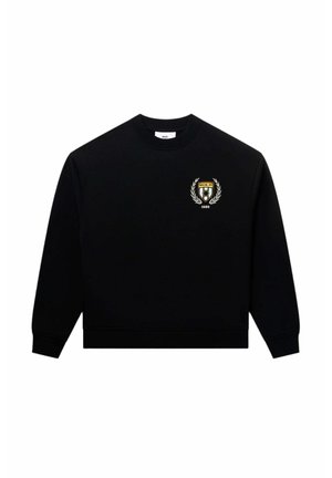 Sort sweatshirt i en blanding af bomuld, med rund halsudskæring og elastiske cuffs. Forsiden viser et guld- og hvidt skjoldlogo med laurbær-accenter.