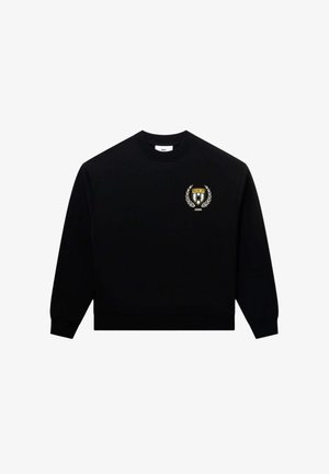 Sort sweatshirt i en blanding af bomuld, med rund halsudskæring og elastiske cuffs. Forsiden viser et guld- og hvidt skjoldlogo med laurbær-accenter.