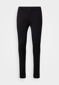 Svarta slim-fit byxor i stretchdenim, med dragkedja, framfickor och en slät yta utan synliga mönster.