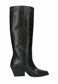 Bottes noires en cuir montantes avec un bout carré, finition texturée et un talon bloc. Design simple sans matériel ou accents visibles.