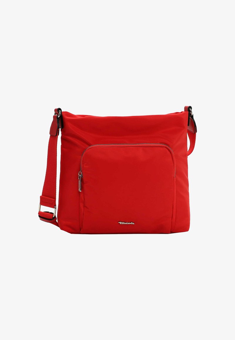 Punane nailonist risti kantav kott lukuga eesmise taskuga, reguleeritava rihma ja külje peal oleva metallist logoga. Siidine tekstuur, ristkülikukujuline.