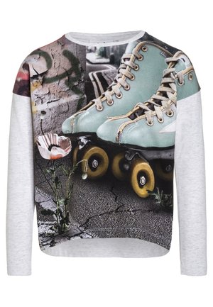 Szara bluza z długim rękawem z graficznym nadrukiem vintage miętowo-zielonych wrotków z żółtymi kółkami na teksturowanym tle.