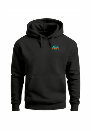 Black hoodie made of cotton/polyester blend, featuring a colorful logo on the chest, kangaroo pocket, and drawstring hood.