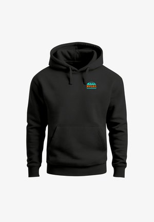 Black hoodie made of cotton/polyester blend, featuring a colorful logo on the chest, kangaroo pocket, and drawstring hood.