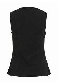 Svart ärmlös topp med en figursydd bål, utsvängd nederkant och en jämn yta, med rund halsringning och sömdetaljer på baksidan.