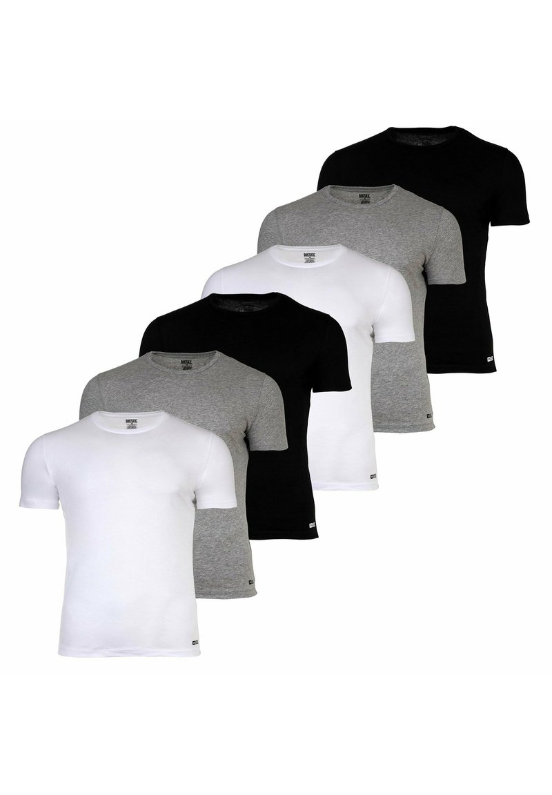 Set di sei t-shirt a manica corta in nero, bianco e grigio. Materiale in cotone morbido, design a collo rotondo, costruzione semplice e piccoli accenti con logo.